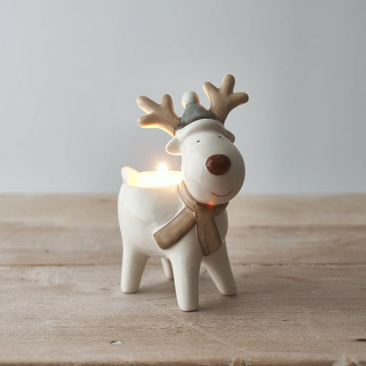 White Ceramic Reindeer With Hat Tealight Holder - Party Seasons